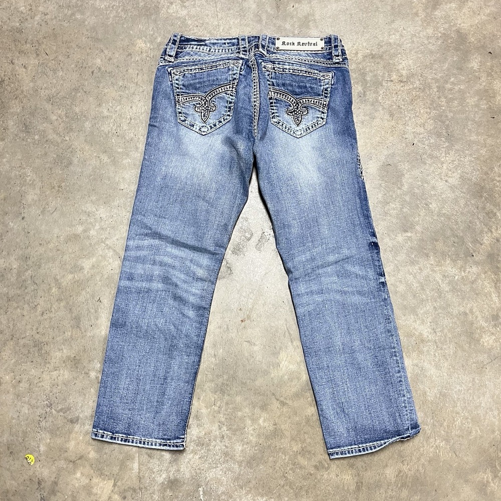 Rock Revival Nicole Capri Jeans Med Wash Blue Embroidered Womens 28 Y2K Biker